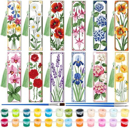 Kosiz 12 Pcs Flower Paint by Number Kit for Adult Wood Bookmark by Kosiz