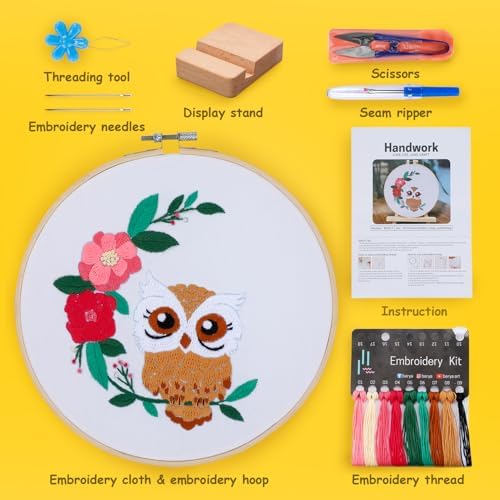 BERYA Owl Embroidery Kit, Embroidery Kit for Adult, Owl Pattern Practice Kit, Including Video Step by Step Instructions, Embroidery Hoop, Cloth, Needles and Thread for DIY Craft Lover (BEO013) - Image 2