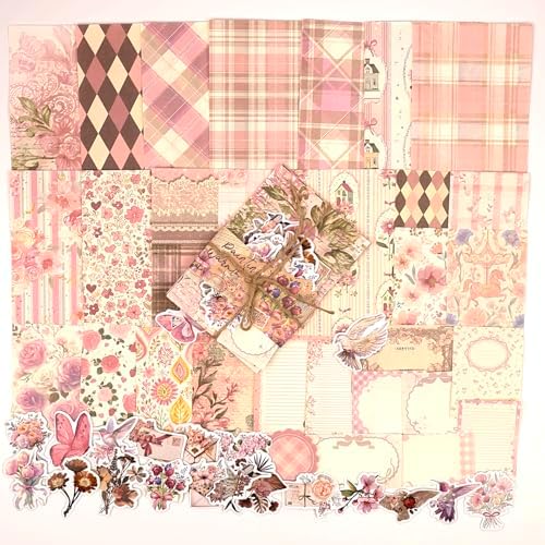 OKUPAN Scrapbook Supplies Kit – 100PCS Vintage Cottagecore Floral Scrapbook Paper & Stickers, 4 Sizes Pastoral Scrapbooking Supplies for Journaling, Card Making & DIY Gifts (Pink) by DecorateYourWorld