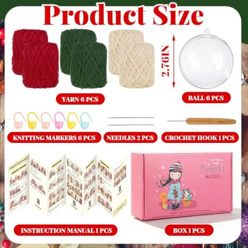 Syhood Christmas Crochet Kit with 6 Pcs 2.76" Clear Fillable Ball Ornaments Red Green White Yarn Wood Hook Tools and Accessories for Christmas Gift Holiday Season Craft Tree Decor - Image 2