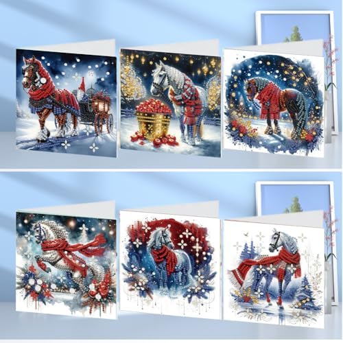 jinglinhh 6pcs Christmas Red Scarf Horse Diamond Art Painting Greeting Cards with Envelopes, DIY Card Making Kits for Adults, Diamond Art Postcards Christmas Cards Craft Gifts - Image 5