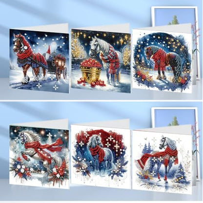 Diamond Art Christmas Cards Kit, 6PCS DIY Diamond Painting Christmas Cards with Envelopes, 5D Diamond Dot Greeting Cards for Adults, Xmas Card for Holiday Crafting Gifts (Christmas Horse) - Image 2