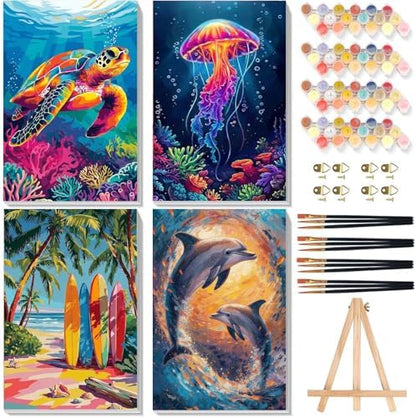 4 Pack Beach Paint by Numbers for Adults with Framed Canvas - Wooden Easel by xackcme