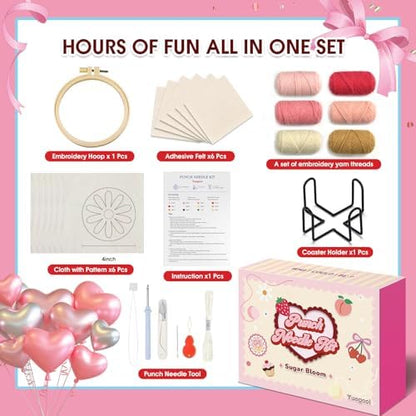 yuegool 6PCS Punch Needle Coaster Kit,Easy DIY Embroidery Set for Beginners, Kids & Adults with Patterns, Tools, Yarns, Hoop, Instructions & Coaster Holder - Image 2