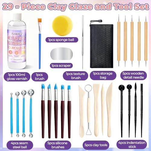 100ml Air Dry Clay Glaze and 29pcs Clay Tools Kit - Waterproof Scratch-Resistant Gloss Varnish Protects from Wear/Cracking, Pottery Tools for Stippling, Carving, Molding & Shaping Clay Crafts - Image 3