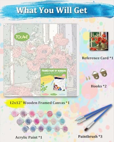 TOCARE Framed Paint by Numbers Kit for Adults Beginners, 12x12inch Red Flower Paint by Number with Frame,Easy Window Flowers Poppies Paint by Numbers Framed Canvas (Without Easel) - Image 3