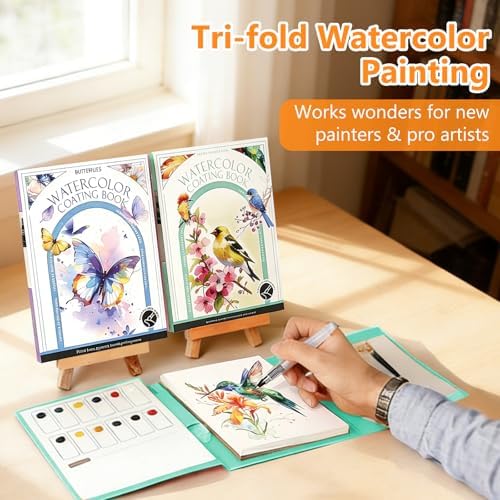 Mulyric 2-Pack Watercolor Painting Books for Adults & Beginners - All-in-One Creative Stress Relief Art Kit with 3-Fold Pad, 32 Pre-Printed Pages, 24 Colors & 2 Brushes for Relaxation & Art Therapy - Image 2