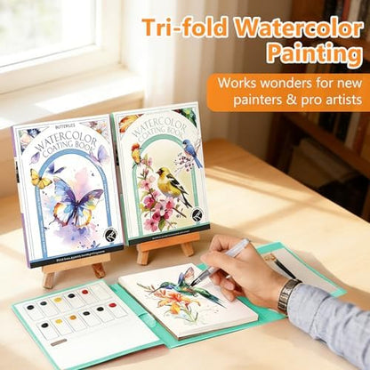 Mulyric 2-Pack Watercolor Painting Books for Adults & Beginners - All-in-One Creative Stress Relief Art Kit with 3-Fold Pad, 32 Pre-Printed Pages, 24 Colors & 2 Brushes for Relaxation & Art Therapy - Image 2