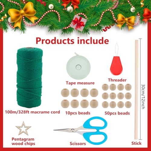 INFUNLY Christmas Tree DIY Macrame Kit Green Tree Macrame Kit with Star Hook for Beginners Boho Tassels Wall Hanging Kits with Instruction Xmas Trees Hanging Holiday Wall Home Decor - Image 2