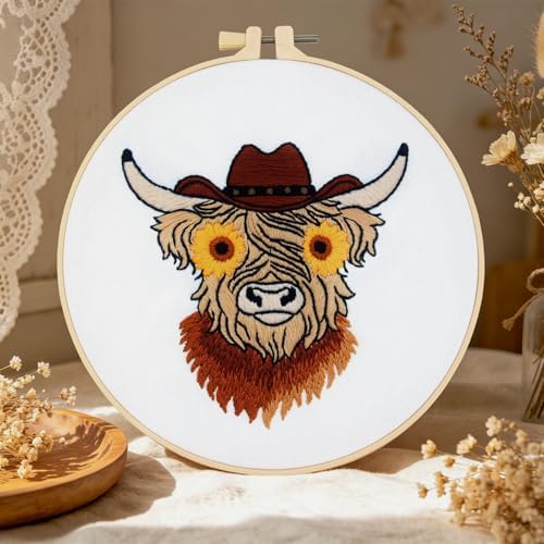 Highland Cow Embroidery Kits for Beginners Adults, Animal Hand Embroidery Starters Kits, Stamped Cross Stitch Kits DIY Needlepoint Kits for Beginners Adults, Embroidery Hoop, Thread and Video Tutorial - Image 3