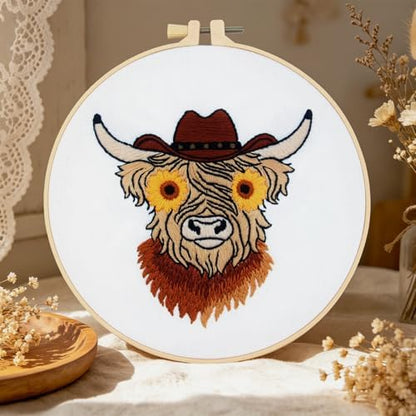 Highland Cow Embroidery Kits for Beginners Adults, Animal Hand Embroidery Starters Kits, Stamped Cross Stitch Kits DIY Needlepoint Kits for Beginners Adults, Embroidery Hoop, Thread and Video Tutorial - Image 3