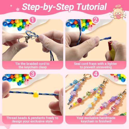 NCIWAN Y2K Beaded Keychain Making Kit for Girls, Kawaii Acrylic Bag Charm & Phone Lanyard Supplies, DIY Craft Jewelry Making Kit with Letter, Bear, Bow, Butterfly Beads for Kids Teens Women - Image 4