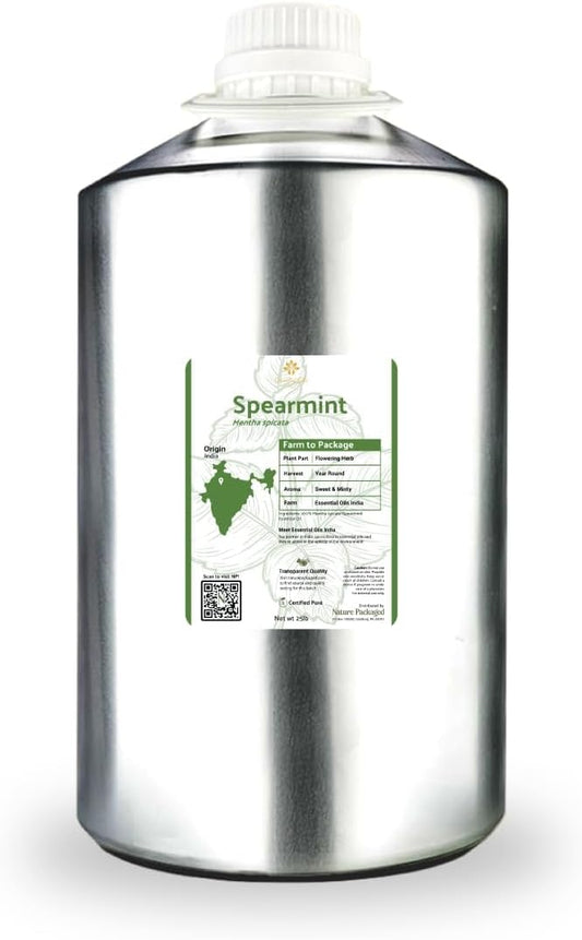Nature Packaged Spearmint Essential Oil - Direct from Essential Oils India - Steam Distilled - Aceite Esencial de Menta Verde for Aromatherapy, Massage, Diffuser, DIY Candle and Soap Making - 22lbs