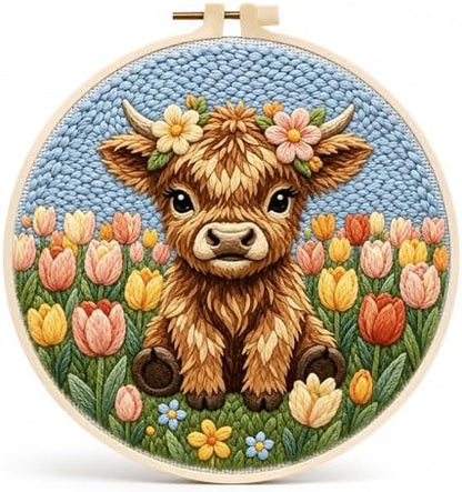 ZMHKJZDQ Punch Needle Kits for Beginners,DIY Punch Needle Embroidery with Fabric, Hoops, Yarns and Sewing Needles for Adults Children Festival Gift and Home Decor, 20x20cm (Tulip Highland Cow) by ZMHKJZDQ