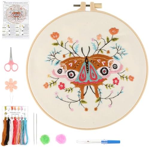 Beginner Butterfly Embroidery Kit for Adults, Pre-Printed with Video by JOINRUN