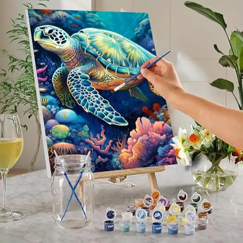 MaiMMaledy Paint by Numbers Kit for Adults Beginners 8Wx12L inch Canvas Pictures with Framed Drawing Painting Works with Wooden Triangle Easel Acrylic Pigment Sea Turtle - Image 2