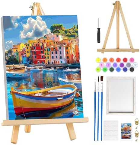 MOGTAA Paint by Numbers Kit for Adults Beginners with Frame, Colorful Boats Adult Paint by Number Kits on Canvas with Easel, Easy DIY Landscape Oil Painting Kits for Home Decor, 8x12in by MOGTAADIYHomeDecor