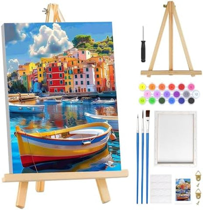 MOGTAA Paint by Numbers Kit for Adults Beginners with Frame, Colorful Boats Adult Paint by Number Kits on Canvas with Easel, Easy DIY Landscape Oil Painting Kits for Home Decor, 8x12in by MOGTAADIYHomeDecor
