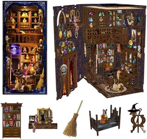 Magic Potion House DIY Book Nook Kit – 3D Wooden Bookend with LED Lights, Miniature Bookshelf Insert Decor, Creative Puzzle for Teens Adults, Magical Apothecary Craft Gift by ARefugen