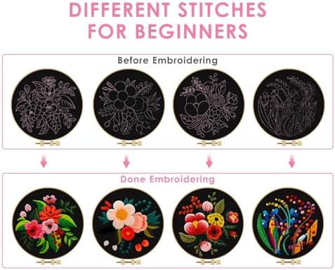 TINDTOP 4 Pack Embroidery Kit for Adult, Embroidery DIY Starter Kit, with Stamped Patterns, Hoop, Tools, Colorful Threads with Needles, Instructions - Image 3