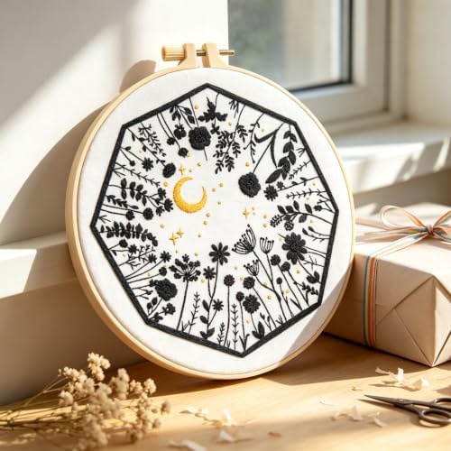 Mystical Embroidery Kits for Beginners Adults, Moon Wild Flowers Embroidery Starter Kit, Floral Stamped Cross Stitch Kits Needlepoint Kits for Beginners Adults, Embroidery Hoop, Thread, Video Tutorial - Image 2