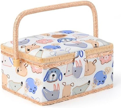 NOTIONSLAND Sewing Basket with Kits, Cute Sewing Box for Beginners, White, Animal Pattern by NOTIONSLAND
