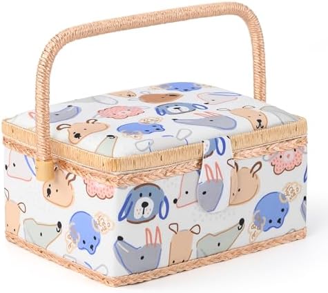 NOTIONSLAND Sewing Basket with Kits, Cute Sewing Box for Beginners, White, Animal Pattern by NOTIONSLAND