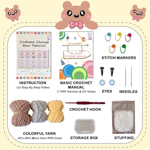LoopMap Amigurumi Crochet Kit for Beginners with Removable Dress & Video Tutorials, DIY Bear Making Kit Includes Premium Yarn & Tools, Creative Gift for Adults Teens (Yellow) - Image 2