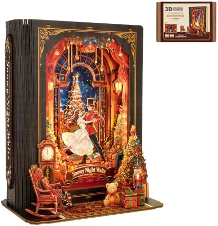 Book Nook Kit Waltz on a Snowy Night, 3D Wooden Puzzle with LED Lights, DIY Miniature Model Kit Room Home Decor, Holiday Birthday Christmas Day Gifts for Men Women Teens by Cutywood