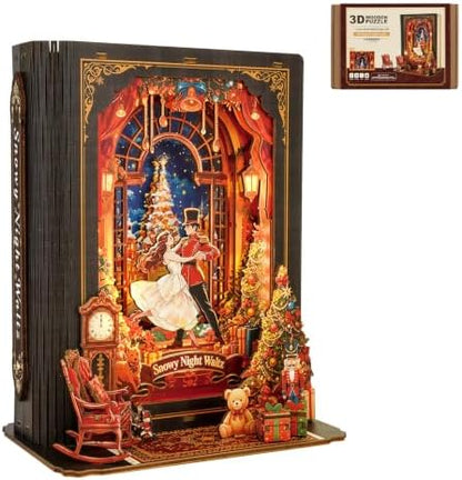 Book Nook Kit Waltz on a Snowy Night, 3D Wooden Puzzle with LED Lights, DIY Miniature Model Kit Room Home Decor, Holiday Birthday Christmas Day Gifts for Men Women Teens by Cutywood