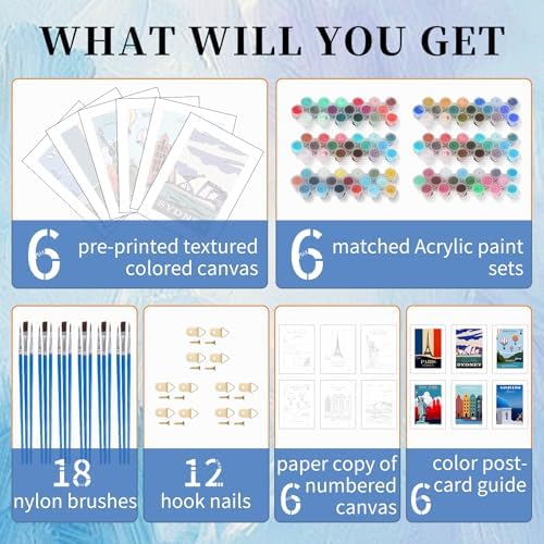 GEEHEIY 6 Pack Paint by Numbers Kit for Adults, Travel Poster, 8x12 Inch - Image 4