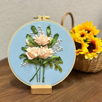 FONNUY Ribbon Embroidery 3D Flowers Pattern Design Kit Embroidery DIY Handwork Set Oval Home Decoration (Champagne Rose) - Image 5