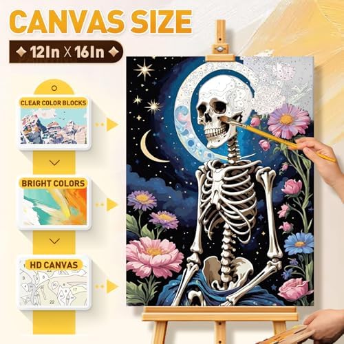 Qaisxoty Paint by Numbers Kit for Adults Beginners, DIY Skull Paint by Numbers Kit on Rolled Canvas, Easy Acrylic Painting by Number Kit for Home Decor Gift - 12” x 16” - Image 5