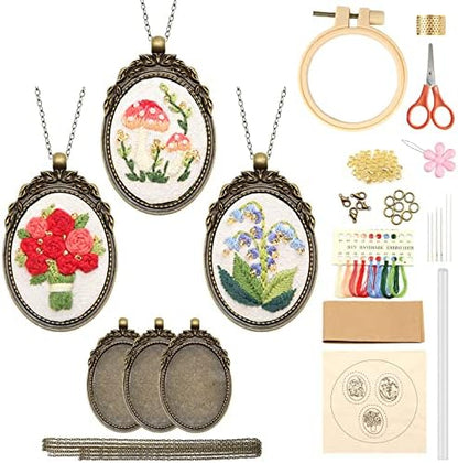 ZOCONE 3 Packs Embroidery Necklace Kit, Embroidery Pendant Kits Mini Cross Stitch Kit with Hoop, Necklace, Pendant, Beads, Stamped Pattern Cloth, Instructions, etc., Embroidery Kits for Adults by ZOCONE