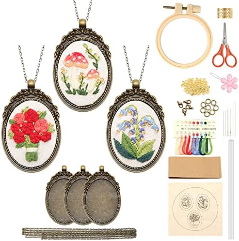 ZOCONE 3 Packs Embroidery Necklace Kit, Embroidery Pendant Kits Mini Cross Stitch Kit with Hoop, Necklace, Pendant, Beads, Stamped Pattern Cloth, Instructions, etc., Embroidery Kits for Adults by ZOCONE