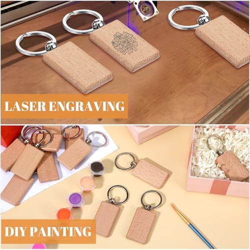 Dimeho 50 Pcs Wooden Keychain Blanks, Laser Engraving Wood Key Chain Rectangle Keychain Blank Bulk Wooden Key Ring Unfinished Various Keys Tag for DIY Craft Supplies - Image 4