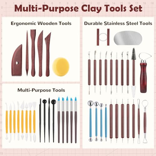 48PCS Pottery Tools Kit for Sculpting, Clay Carving Tools, Ceramic Tools for Polymer Clay, Modeling, Trimming, Molding, Shaping, Pottery Kiln, Arts Crafts Supplies, Adults, Students, Beginners, Pros - Image 3