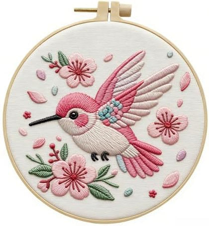 JJFox Embroidery Kit for Beginners and Adults, DIY Hand Embroidery Starter Kit with Cute Pattern, Cross Stitch Needlepoint Set with Hoop, Threads and Instructions (Hummingbird) by JJFox