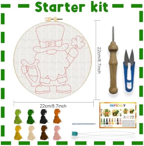INFUNLY 2 Set St. Patrick's Punch Needle Embroidery Kits for Beginner Adult Gnome DIY Punch Needle Starter Kit for Wall Hanging Clover Needles Stitching Kit with Instruction for Crafts Gift Home Decor - Image 2