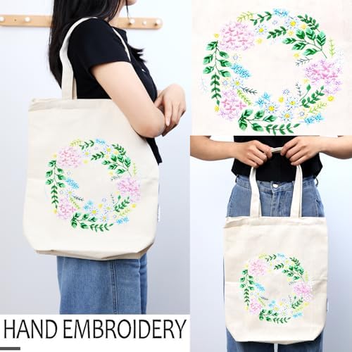 CREAWONDER Canvas Tote Bag Embroidery Kit with Pattern for Beginners, Arts and DIY Embroidery Crafts Kits for Adults, Include Instructions, Thimble, Embroidery Hoops, Color Threads and Tool - Image 2