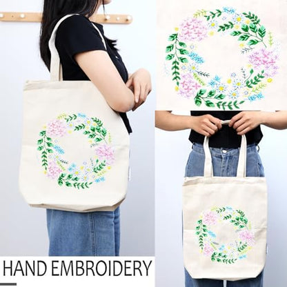CREAWONDER Canvas Tote Bag Embroidery Kit with Pattern for Beginners, Arts and DIY Embroidery Crafts Kits for Adults, Include Instructions, Thimble, Embroidery Hoops, Color Threads and Tool - Image 2