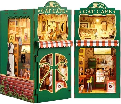 Book Nook Kit,DIY Miniature House Kit for Adults, Teens and Beginners, Dollhouse Booknook Cat Cafe Tiny House Bookshelf Decor 3D Wooden Puzzle, Gifts for Family, Friends by Kaayeewood