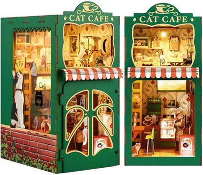 Book Nook Kit,DIY Miniature House Kit for Adults, Teens and Beginners, Dollhouse Booknook Cat Cafe Tiny House Bookshelf Decor 3D Wooden Puzzle, Gifts for Family, Friends by Kaayeewood