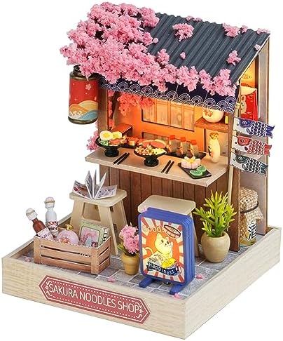 Kisoy Dollhouse Miniature with Furniture Kit, DIY 3D Wooden DIY House Kit with Dust Cover, Handmade Tiny House Toys for Teens Adults Gift (Sakura Noodles Shop) by Kisoy