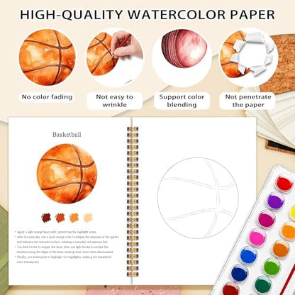 Easy Sports Balls Watercolor Workbook for Beginners, Water Coloring Book, 12 Different Patterns, 18 Colors Watercolor Paint Set, Stress Relieving, DIY Art Gift for Fans, Adults and Teens - Image 3