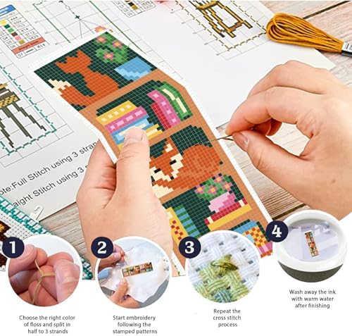 FREEBLOSS 6 Set Cross Stitch Bookmark Kits Fox Bookshelf Pattern Stamped Embroidery Kit Stitch Bookmarks DIY Book Marks Printed Cross Stitch Kits with Instructions for Beginners Adults, 8''x2.4'' - Image 4
