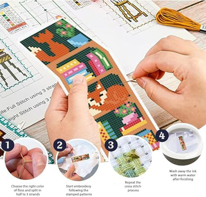 FREEBLOSS 6 Set Cross Stitch Bookmark Kits Fox Bookshelf Pattern Stamped Embroidery Kit Stitch Bookmarks DIY Book Marks Printed Cross Stitch Kits with Instructions for Beginners Adults, 8''x2.4'' - Image 4