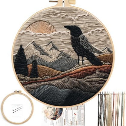 FONNUY Embroidery Kit, Featuring Crow and Landscape Patterns, Cross Stitch Kits for Both Adults and Beginners, Handmade Crafts Printed Pattern Set, Color Thread Needlework, 8'' Hoop (Fearless Bird) by FONNUY