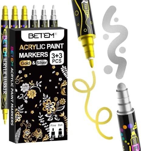 Betem 6 Gold&Silver Dual Tip Acrylic Paint Markers, Fabric Decorating Kits Premium Water-Based Acrylic Paint Pens Art Supplies for Fabric, Rock, Wood, Glass, Canvas, Ceramic, Teacher Appreciation Gift by BetemArtWorld
