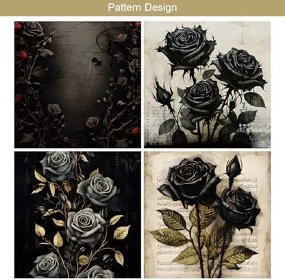 24 Sheets Black Rose Pattern Paper, 6" x 6" Rose Scrapbooking Supplies Paper Decorative Craft Paper for DIY Card Making Photo Album Junk Journal Décor - Image 4